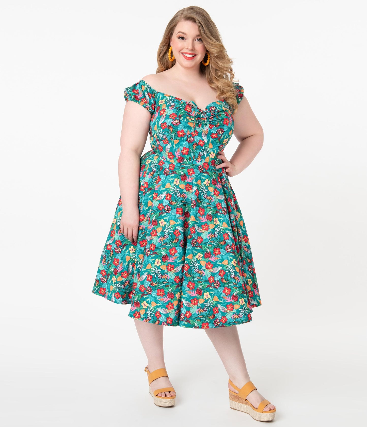 Plus Size Teal & Multicolor Tropical Floral Print Preston Swing Dress