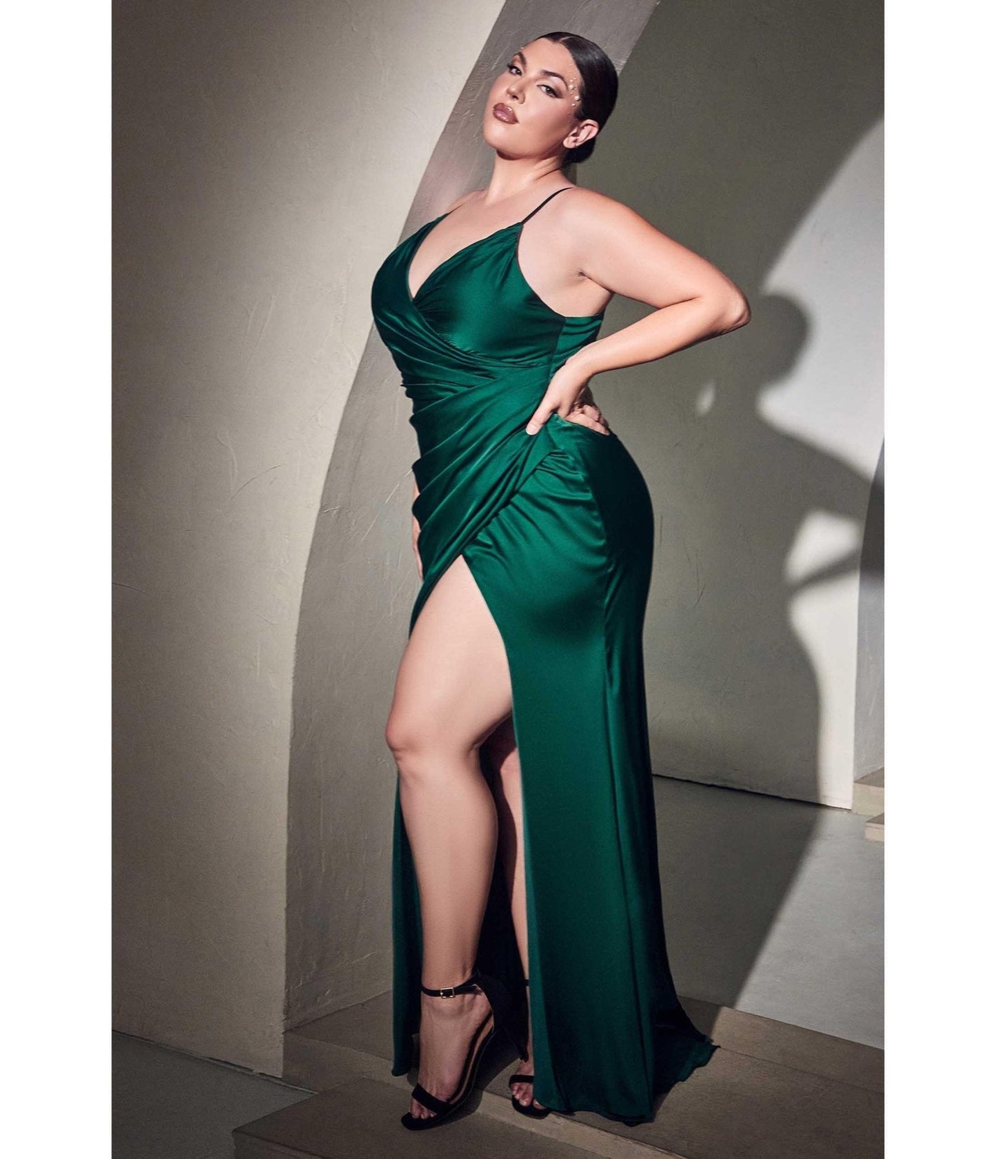 Cinderella Divine  Plus Size Emerald Ruched Satin Mystique Bridesmaid Gown