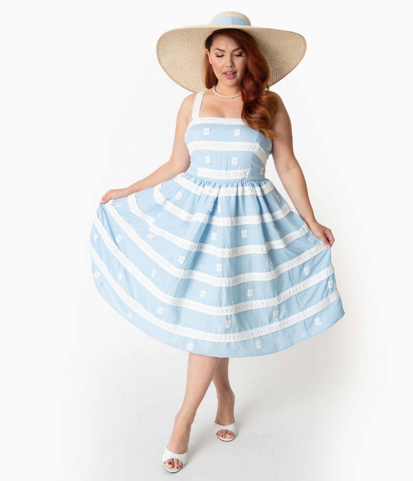 Barbie™ x Unique Vintage Blue & White Suburban Shopper Sundress