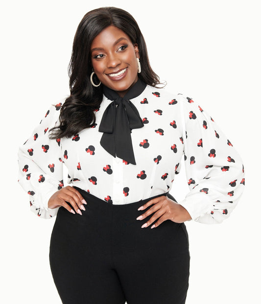 Disney Mickey & Friends Collection by Unique Vintage Plus Size White Minnie Mouse Stamp Print Gwen Blouse