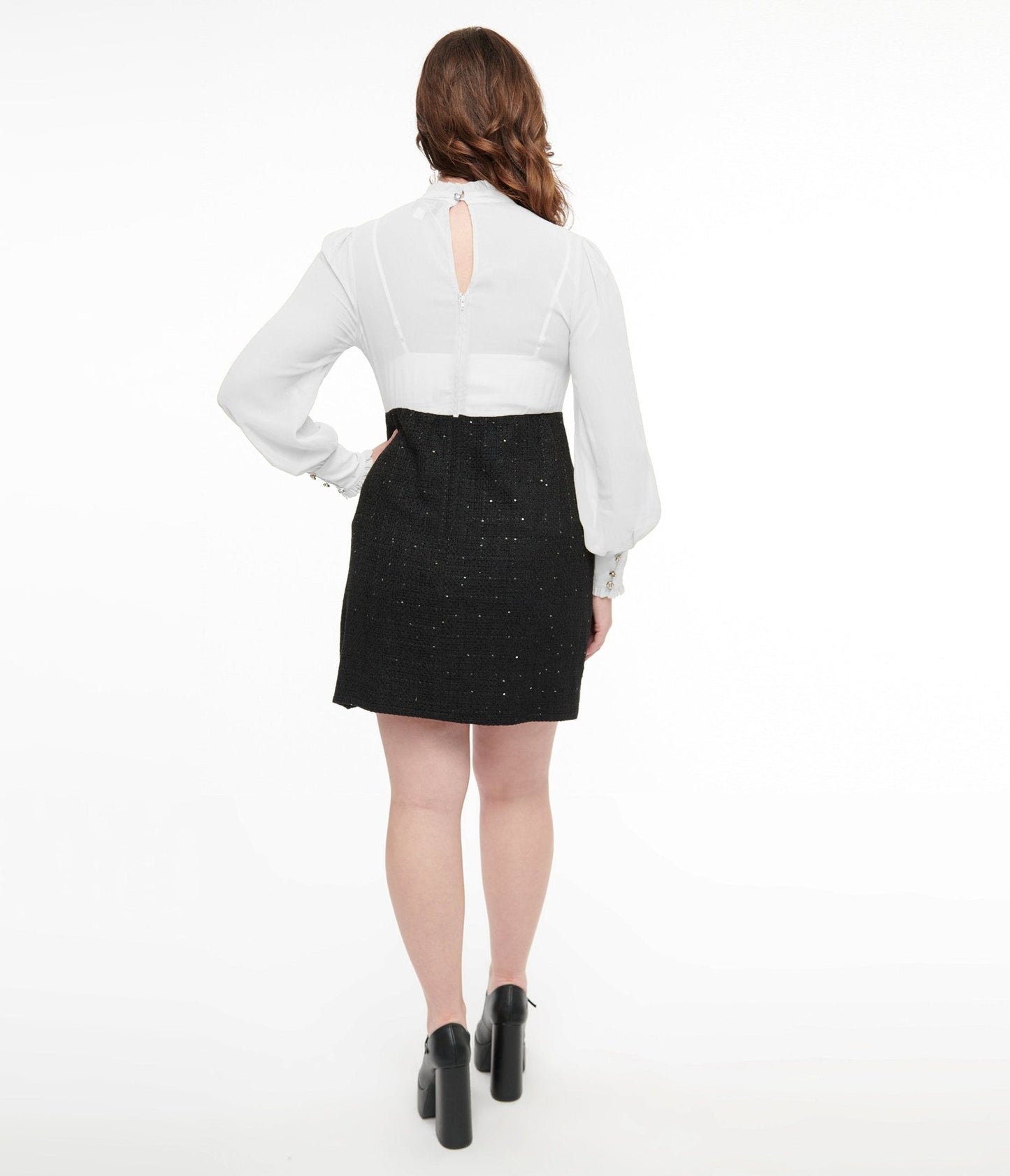 Smak Parlour 1960s Black & White Ruffle Neck A-Line Dress
