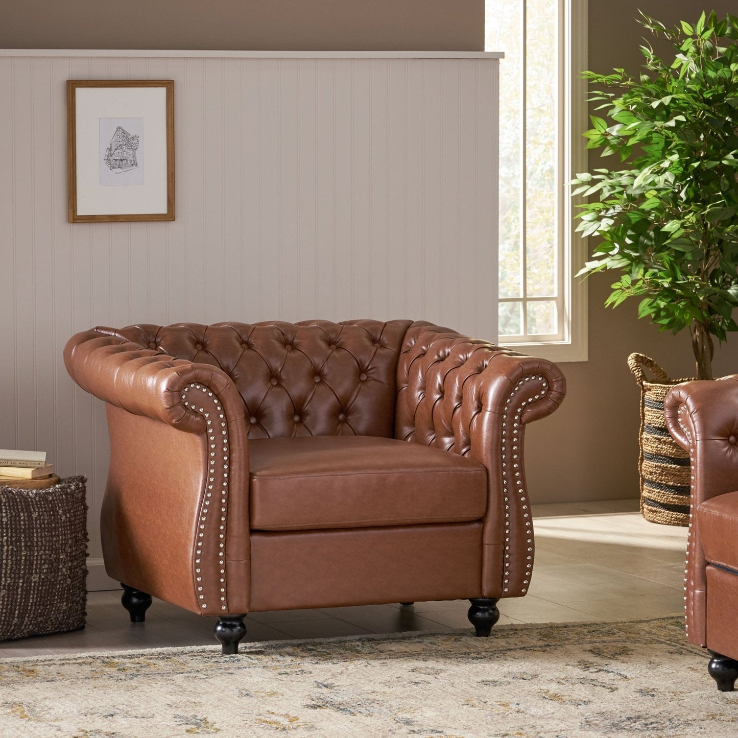 PU Leather Upholstered Club Chair with Rolled Arm