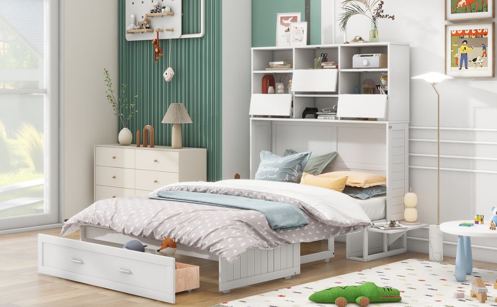 White Queen Murphy Bed with Bookcase, Bedside Shelves and Drawer