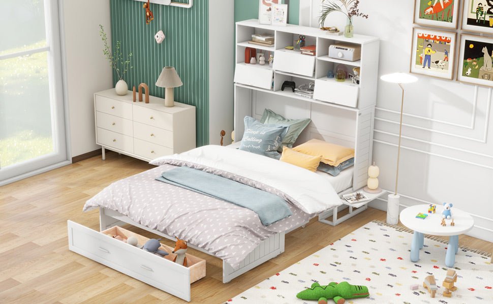 White Queen Murphy Bed with Bookcase, Bedside Shelves and Drawer