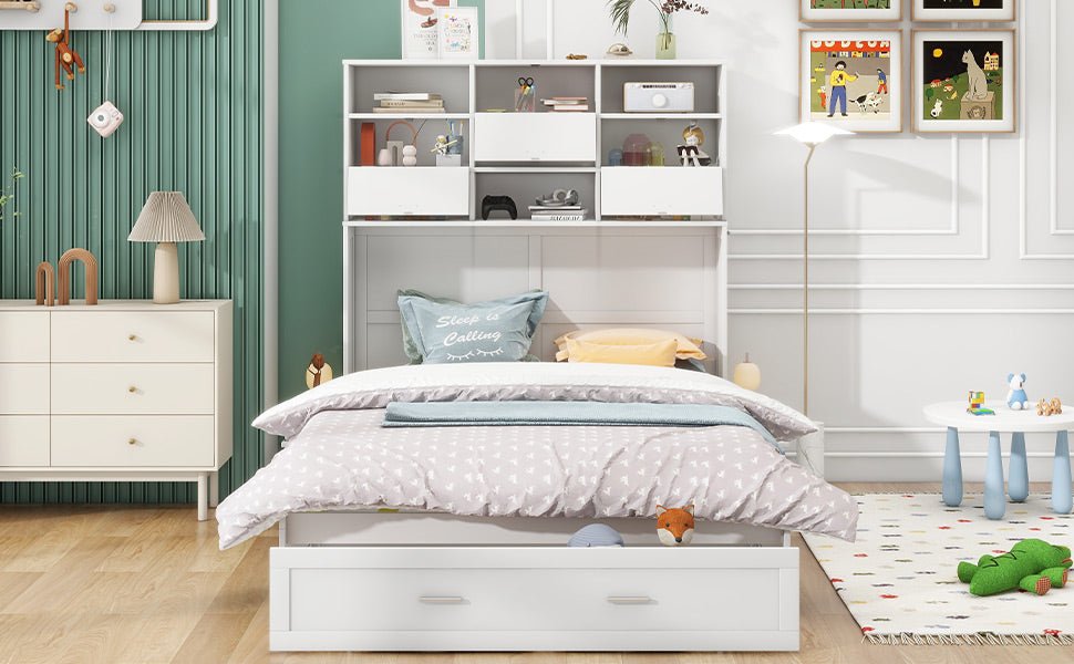 White Queen Murphy Bed with Bookcase, Bedside Shelves and Drawer