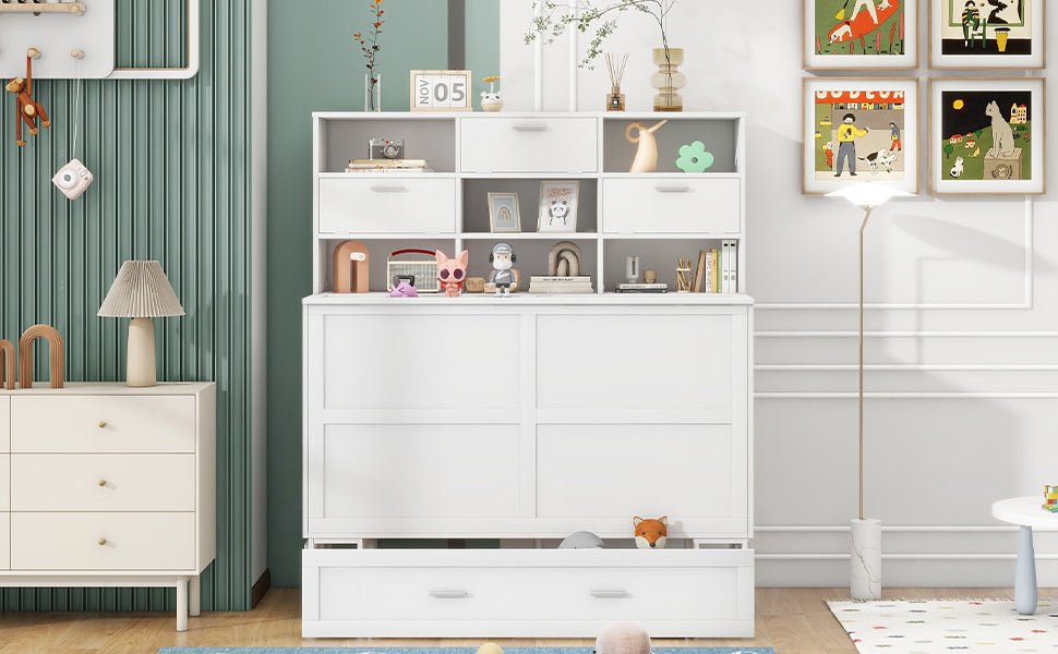 White Queen Murphy Bed with Bookcase, Bedside Shelves and Drawer