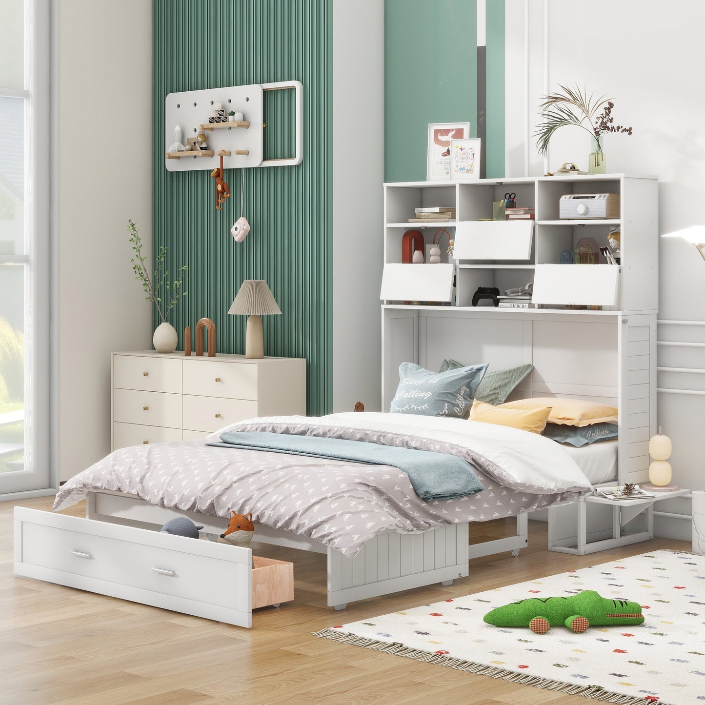 White Queen Murphy Bed with Bookcase, Bedside Shelves and Drawer