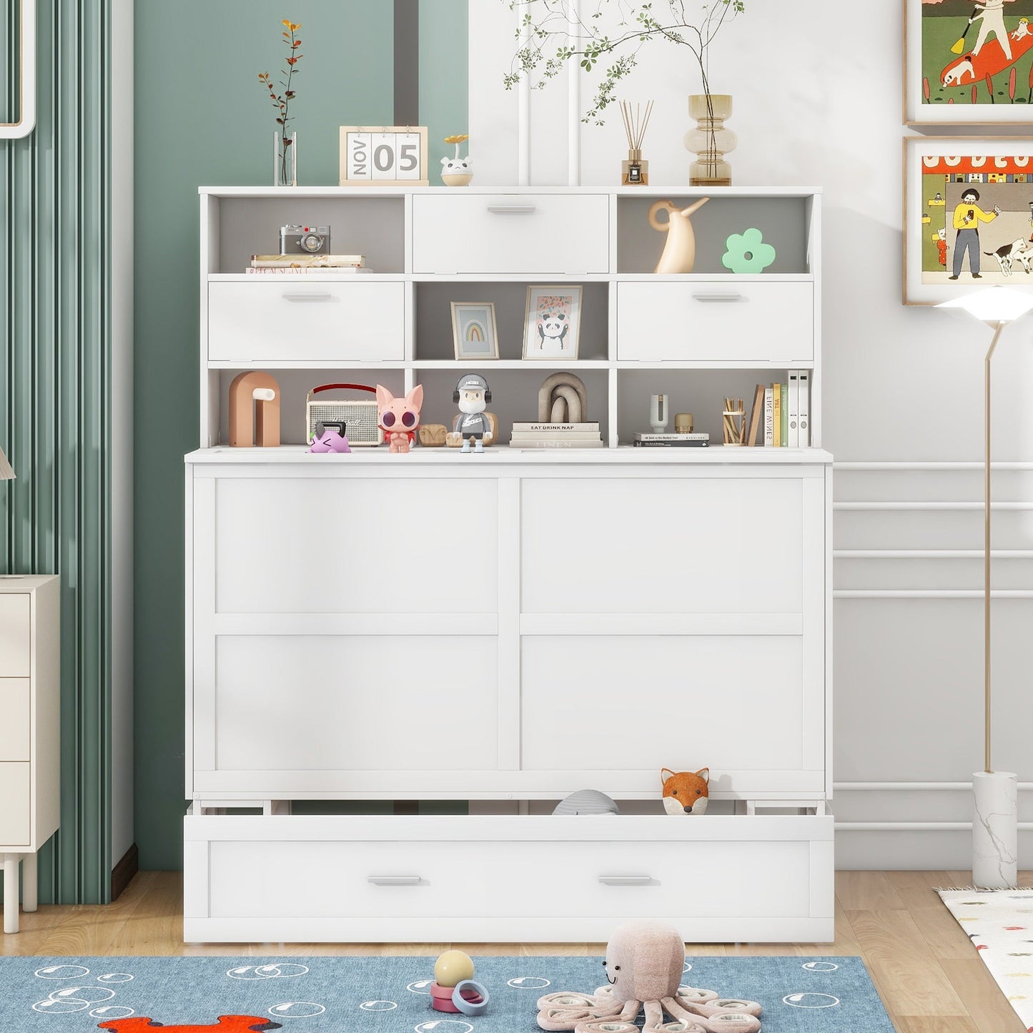White Queen Murphy Bed with Bookcase, Bedside Shelves and Drawer