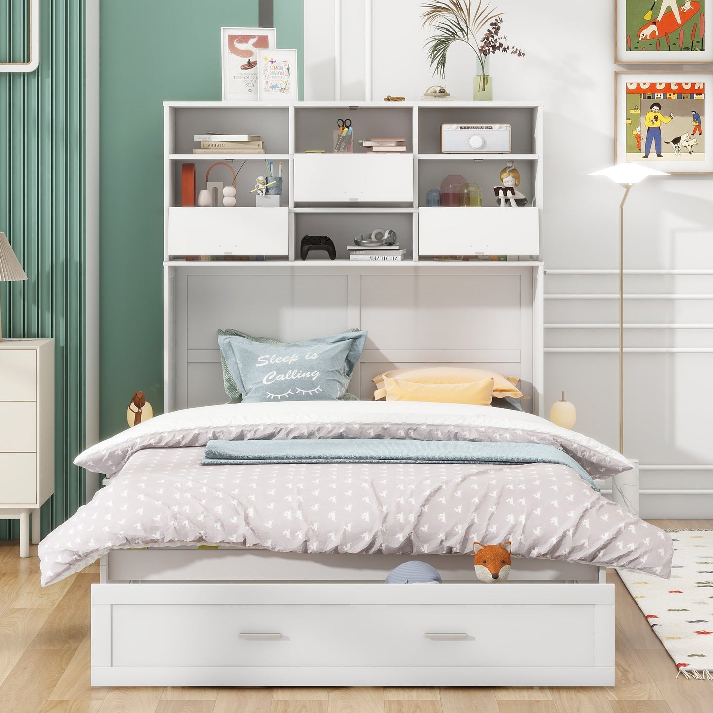 White Queen Murphy Bed with Bookcase, Bedside Shelves and Drawer