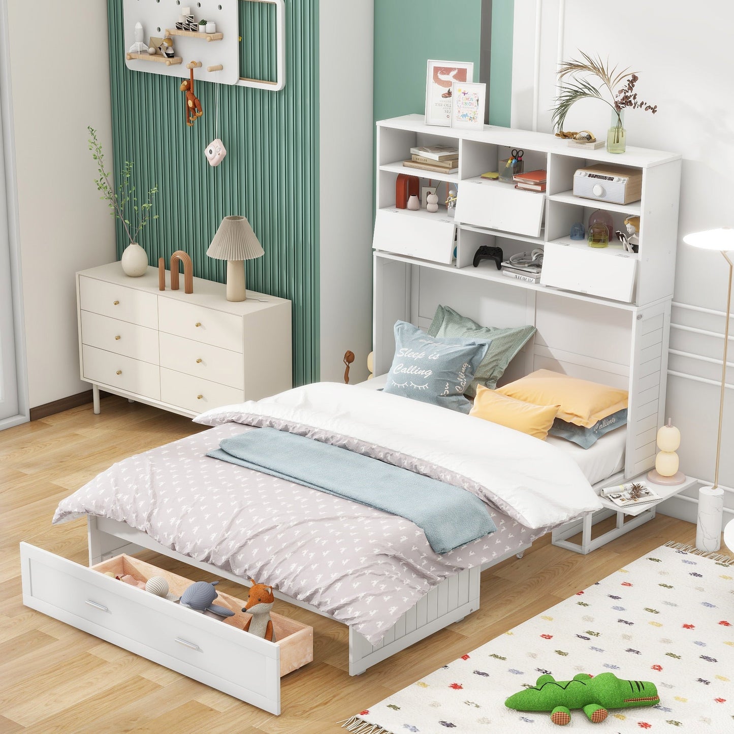White Queen Murphy Bed with Bookcase, Bedside Shelves and Drawer