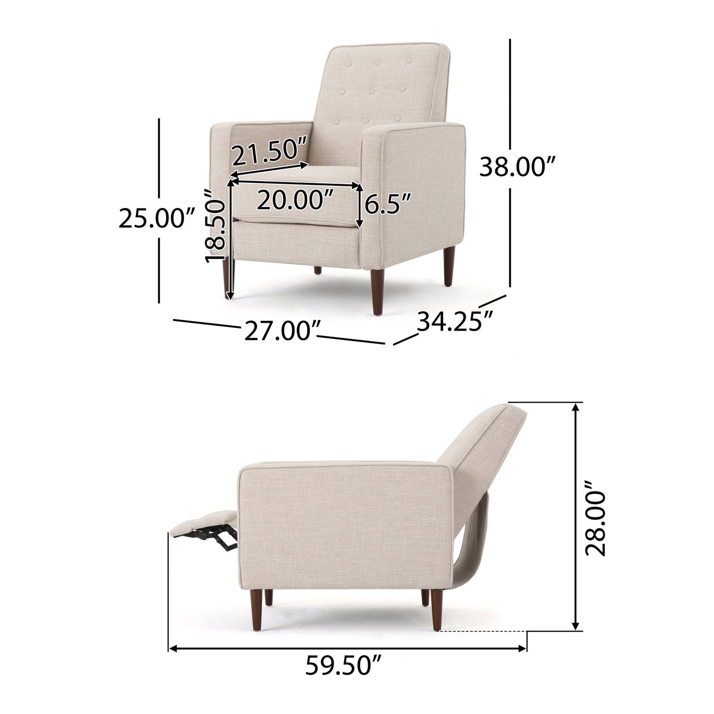 Quest Fabric Recliner with Button Tufted Back and Square Arm