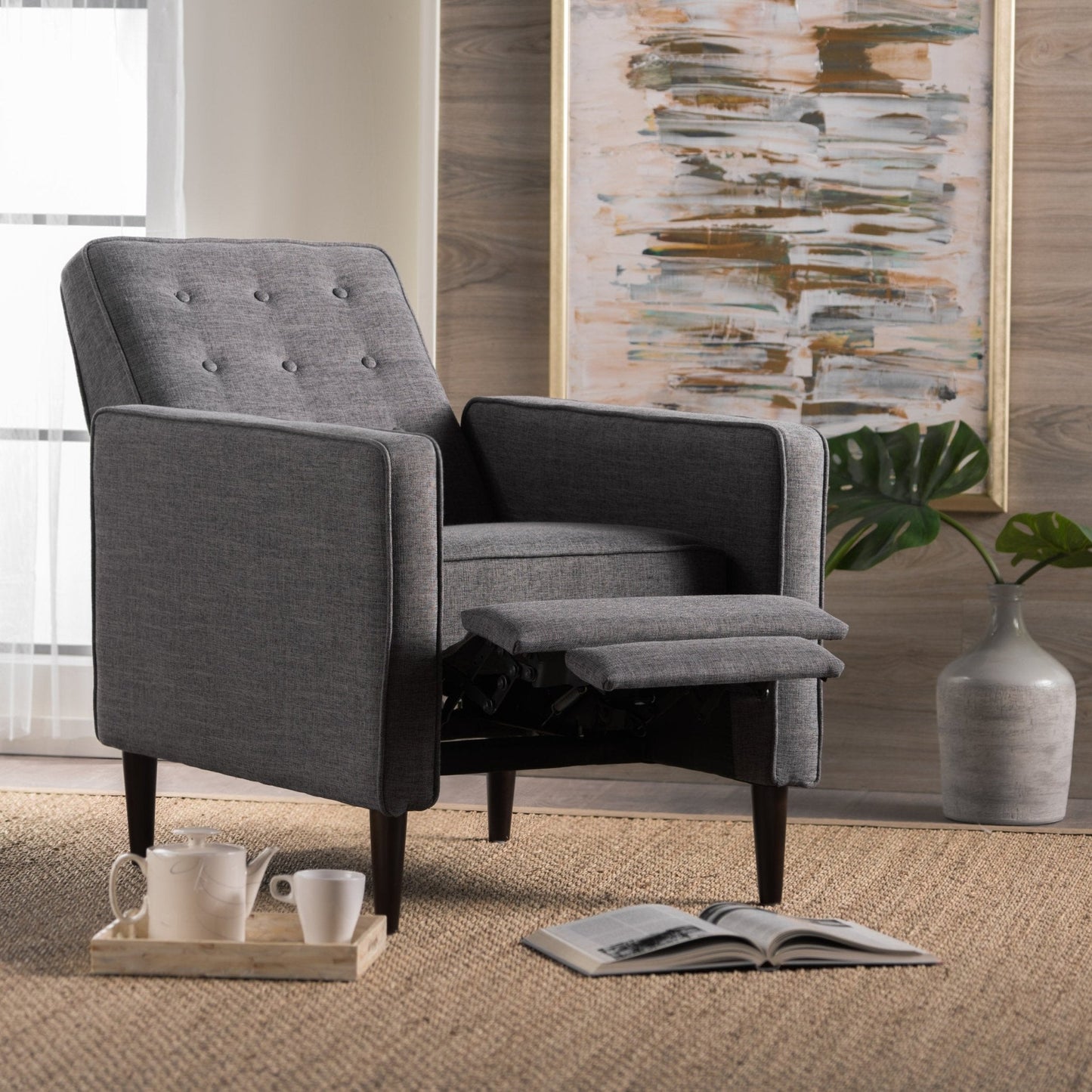 Quest Fabric Recliner with Button Tufted Back and Square Arm