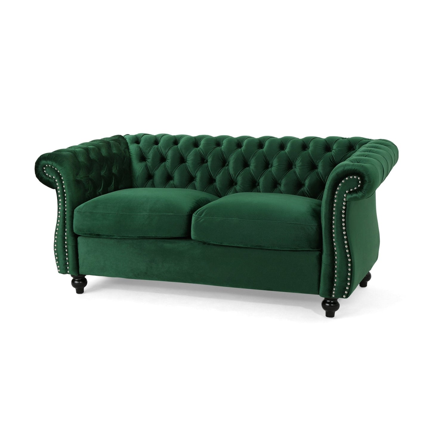 Quixotic Chesterfield Tufted Loveseat with Scroll Arms and Turned Legs