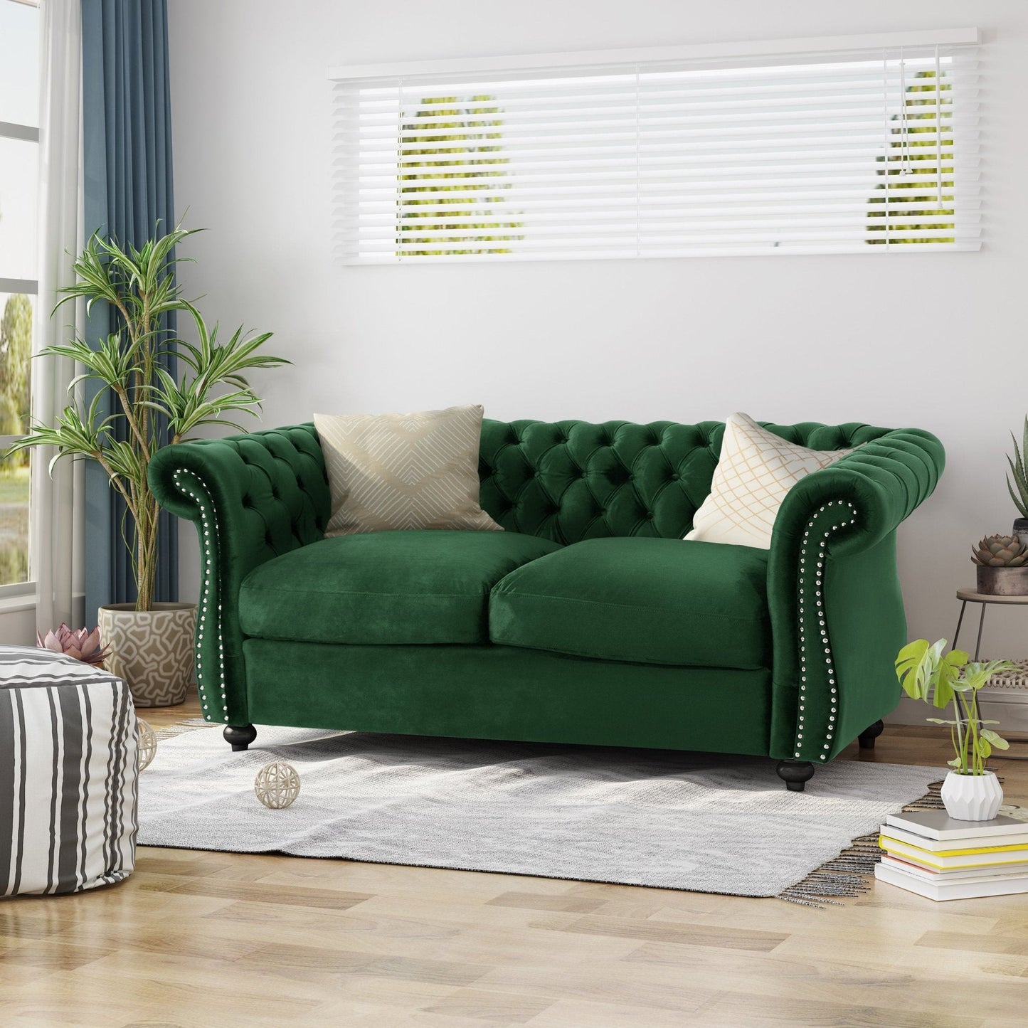 Quixotic Chesterfield Tufted Loveseat with Scroll Arms and Turned Legs