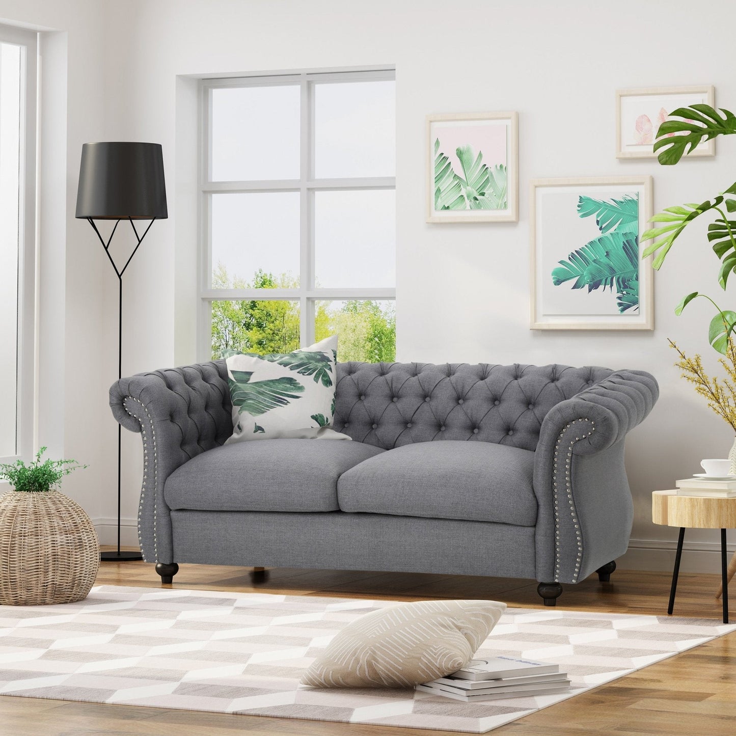 Quixotic Chesterfield Tufted Loveseat with Scroll Arms and Turned Legs