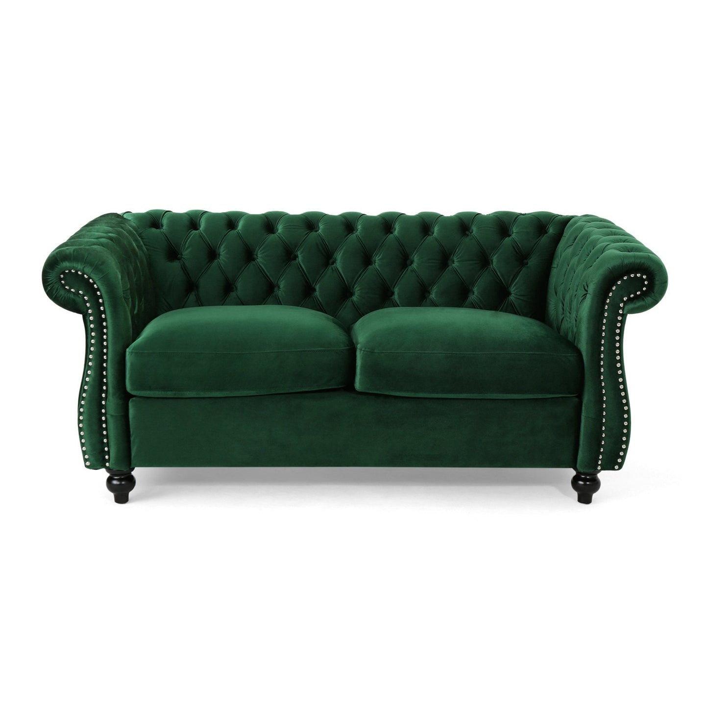 Quixotic Chesterfield Tufted Loveseat with Scroll Arms and Turned Legs