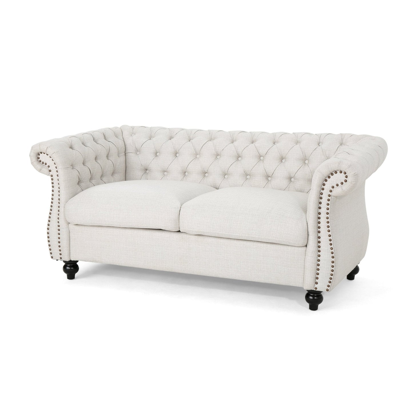 Quixotic Chesterfield Tufted Loveseat with Scroll Arms and Turned Legs