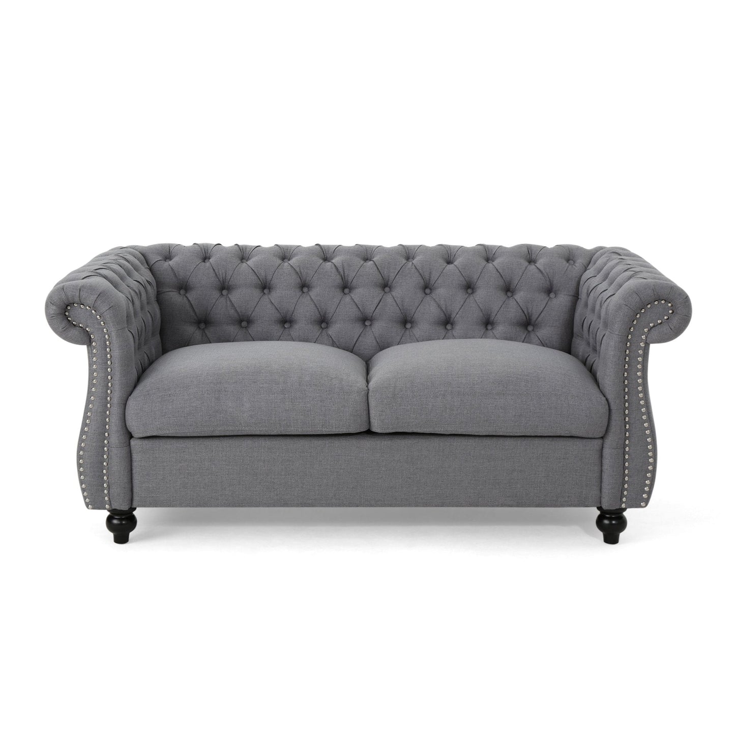 Quixotic Chesterfield Tufted Loveseat with Scroll Arms and Turned Legs