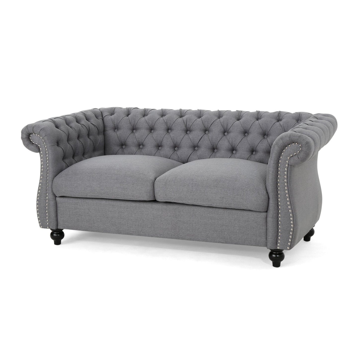 Quixotic Chesterfield Tufted Loveseat with Scroll Arms and Turned Legs