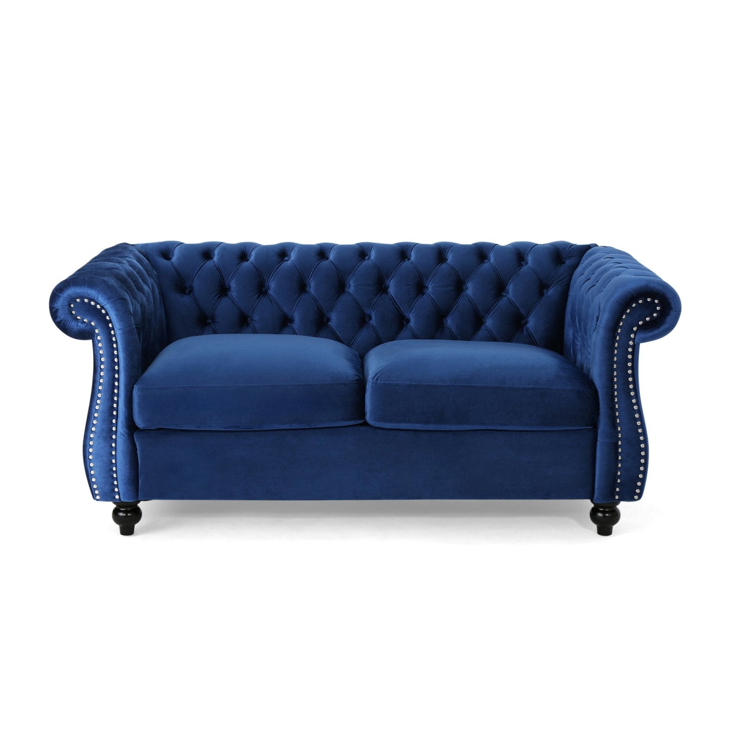 Quixotic Chesterfield Tufted Loveseat with Scroll Arms and Turned Legs