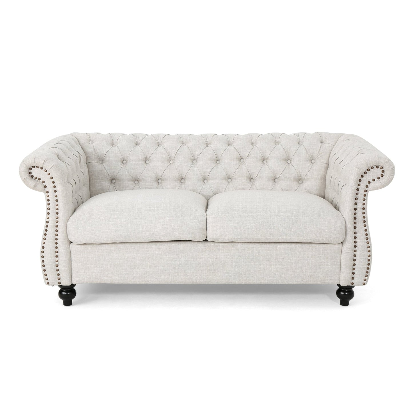 Quixotic Chesterfield Tufted Loveseat with Scroll Arms and Turned Legs