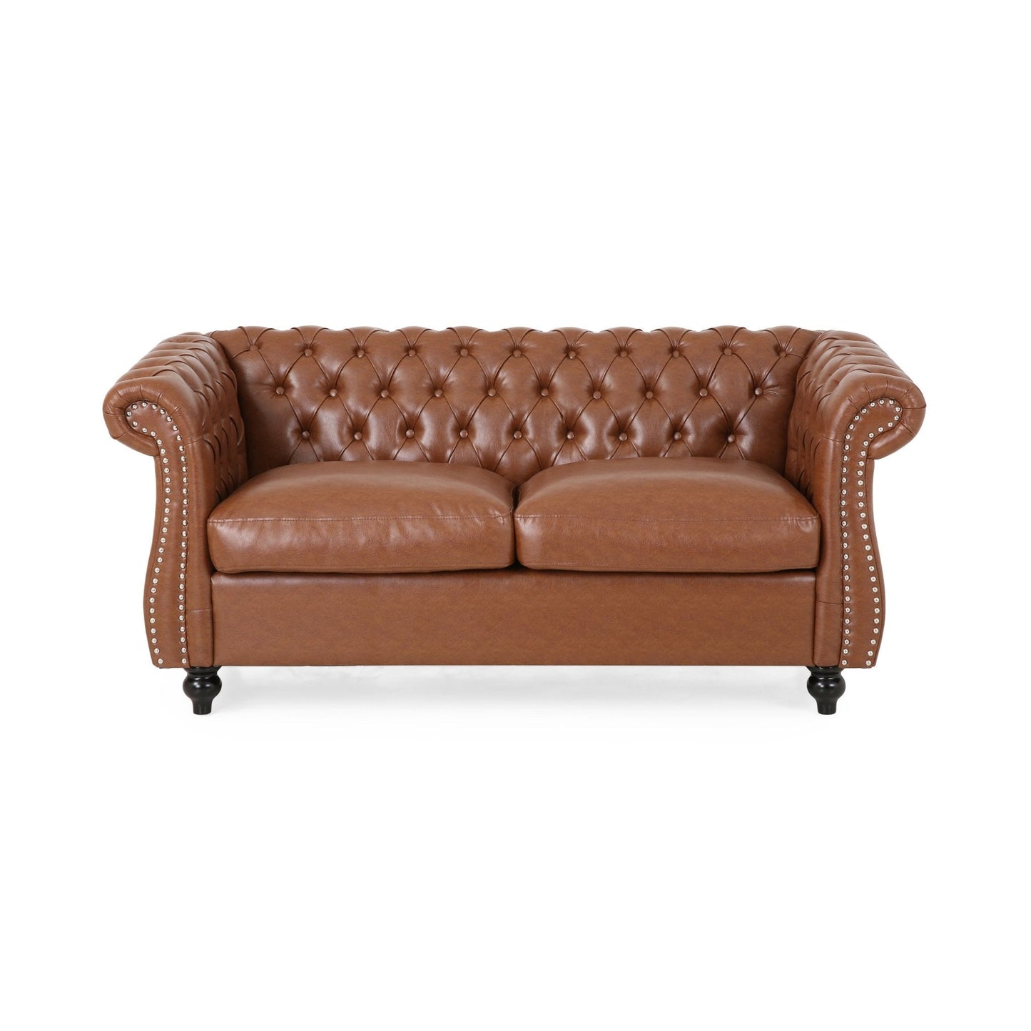 Quixotic Chesterfield Tufted Loveseat with Scroll Arms and Turned Legs