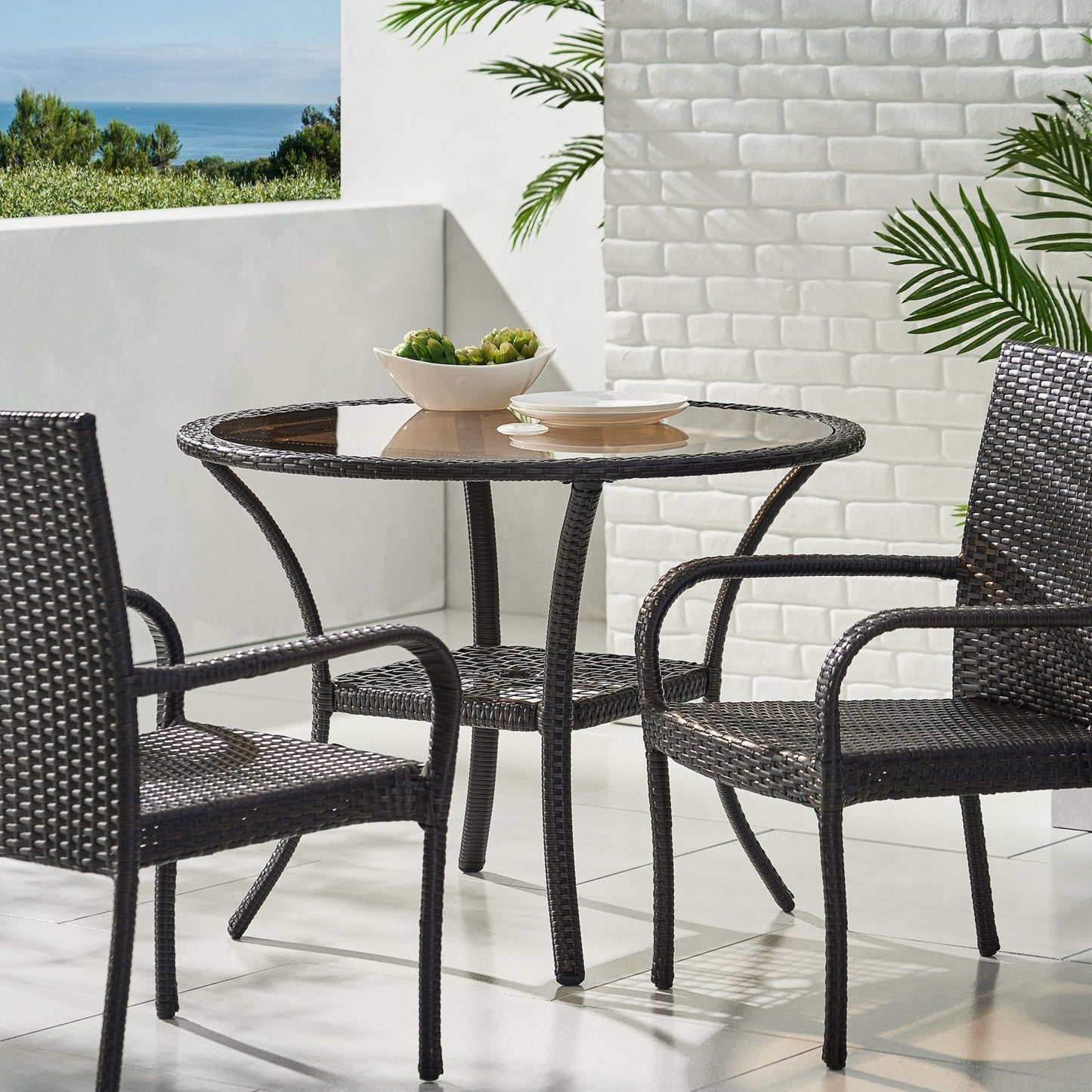 Rattan Cover Table with Glass Top and Iron Frame