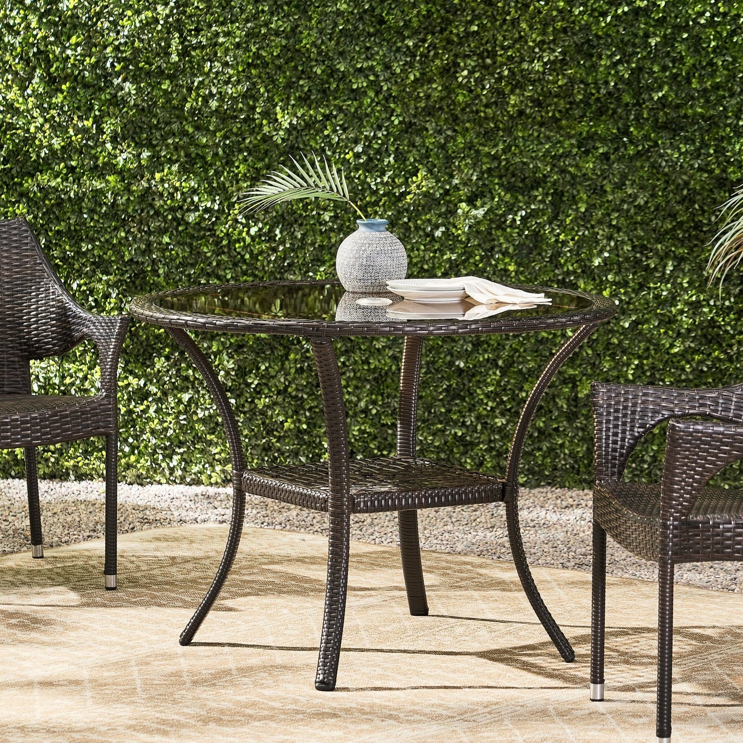 Rattan Cover Table with Glass Top and Iron Frame