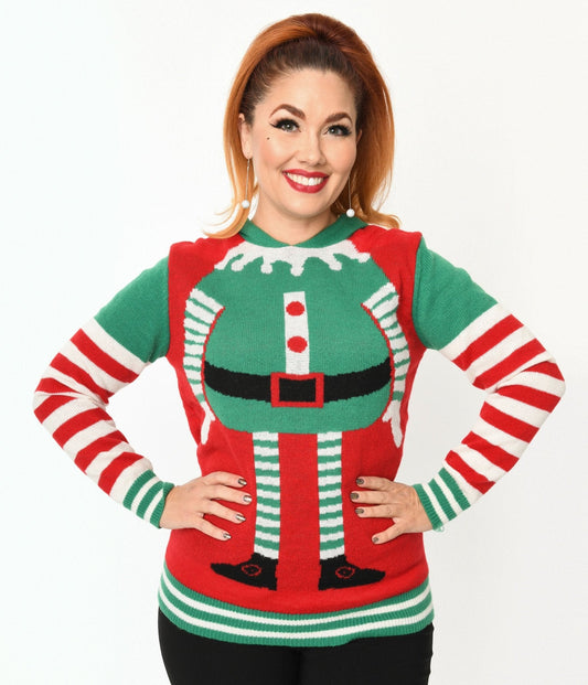 Red & Green Elf Hooded Holiday Sweater