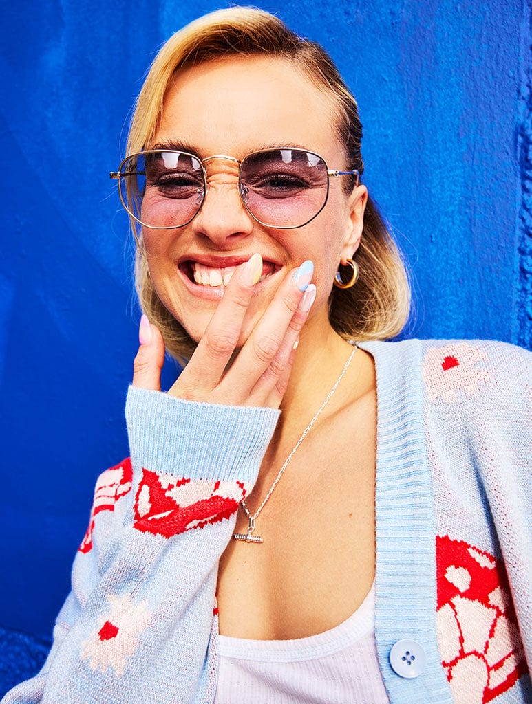 Red Mushroom Knit Cardigan in Blue