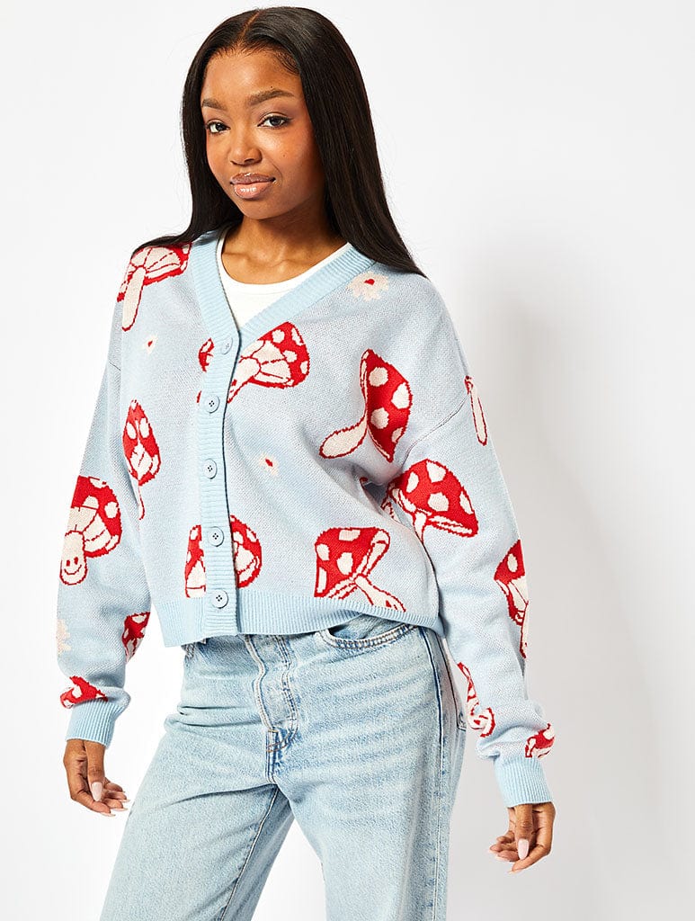 Red Mushroom Knit Cardigan in Blue