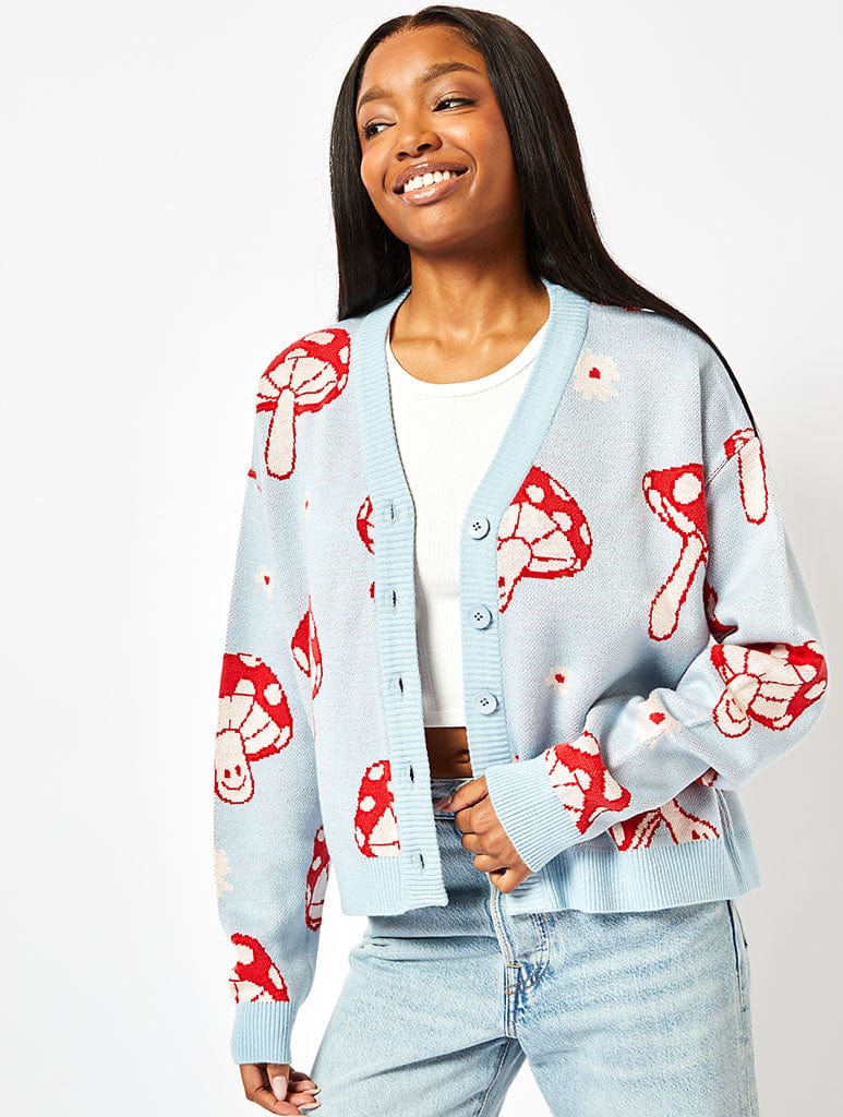 Red Mushroom Knit Cardigan in Blue