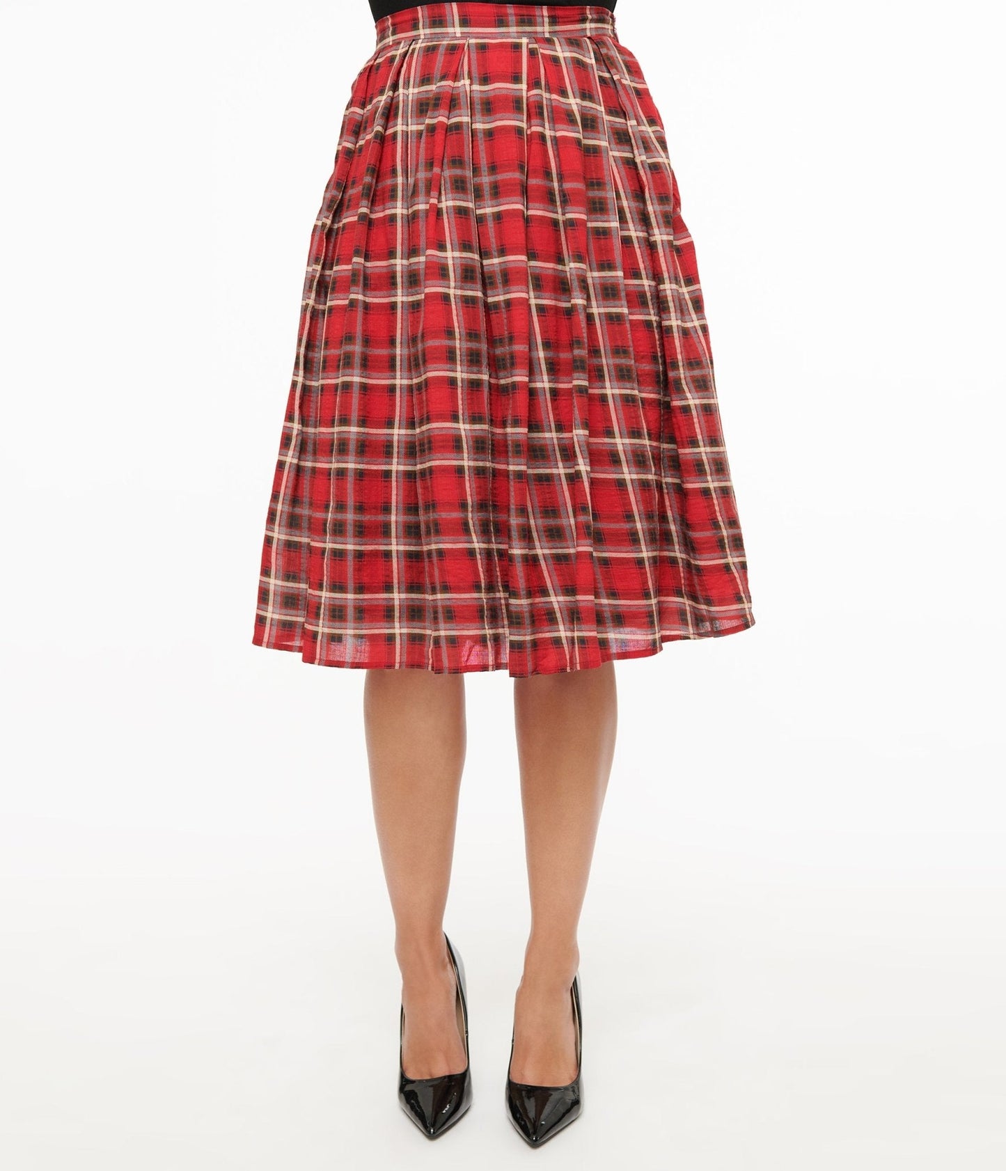 Red Plaid Fit & Flare Cotton Skirt