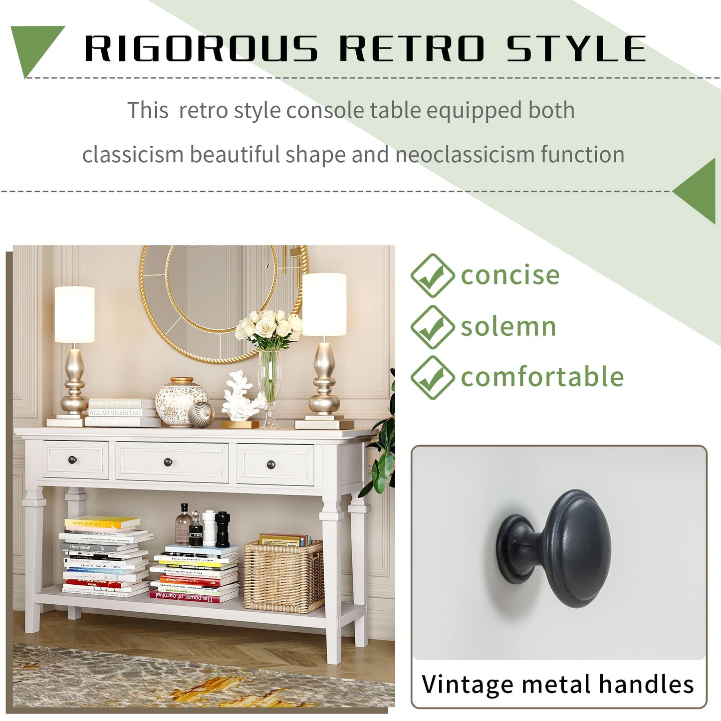 Reese 50'' Antique White Console Table with 2 Tiers of Storage, 3 Drawers and Open Style Bottom Shelf
