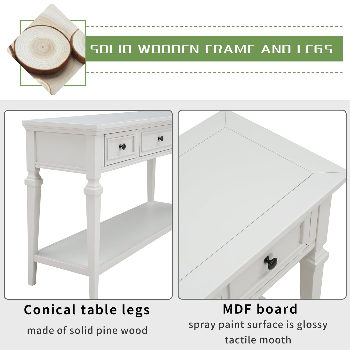 Reese 50'' Antique White Console Table with 2 Tiers of Storage, 3 Drawers and Open Style Bottom Shelf