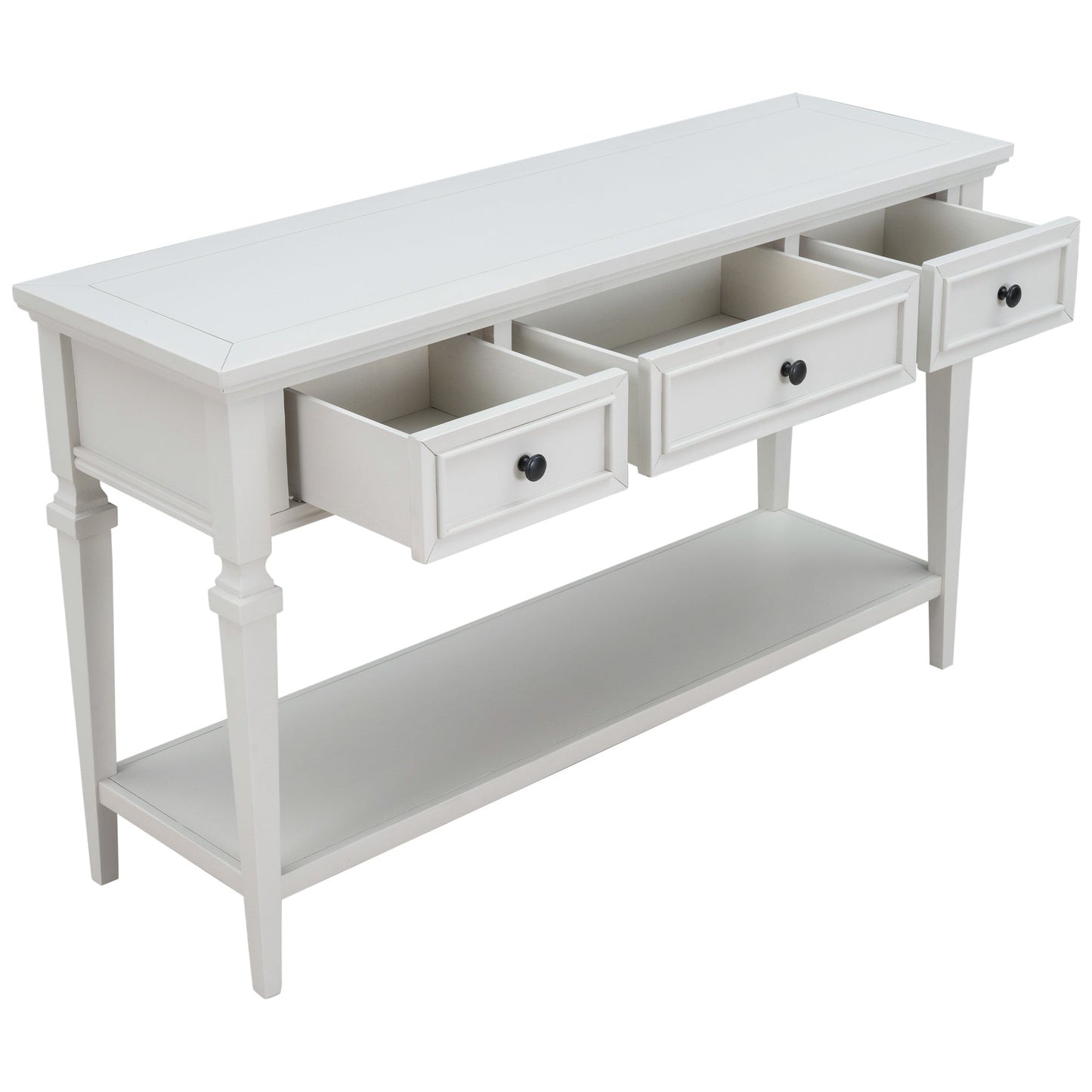 Reese 50'' Antique White Console Table with 2 Tiers of Storage, 3 Drawers and Open Style Bottom Shelf
