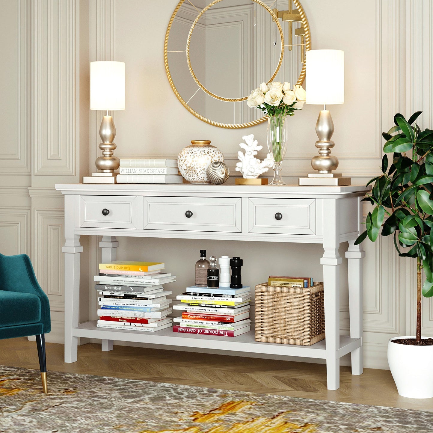 Reese 50'' Antique White Console Table with 2 Tiers of Storage, 3 Drawers and Open Style Bottom Shelf