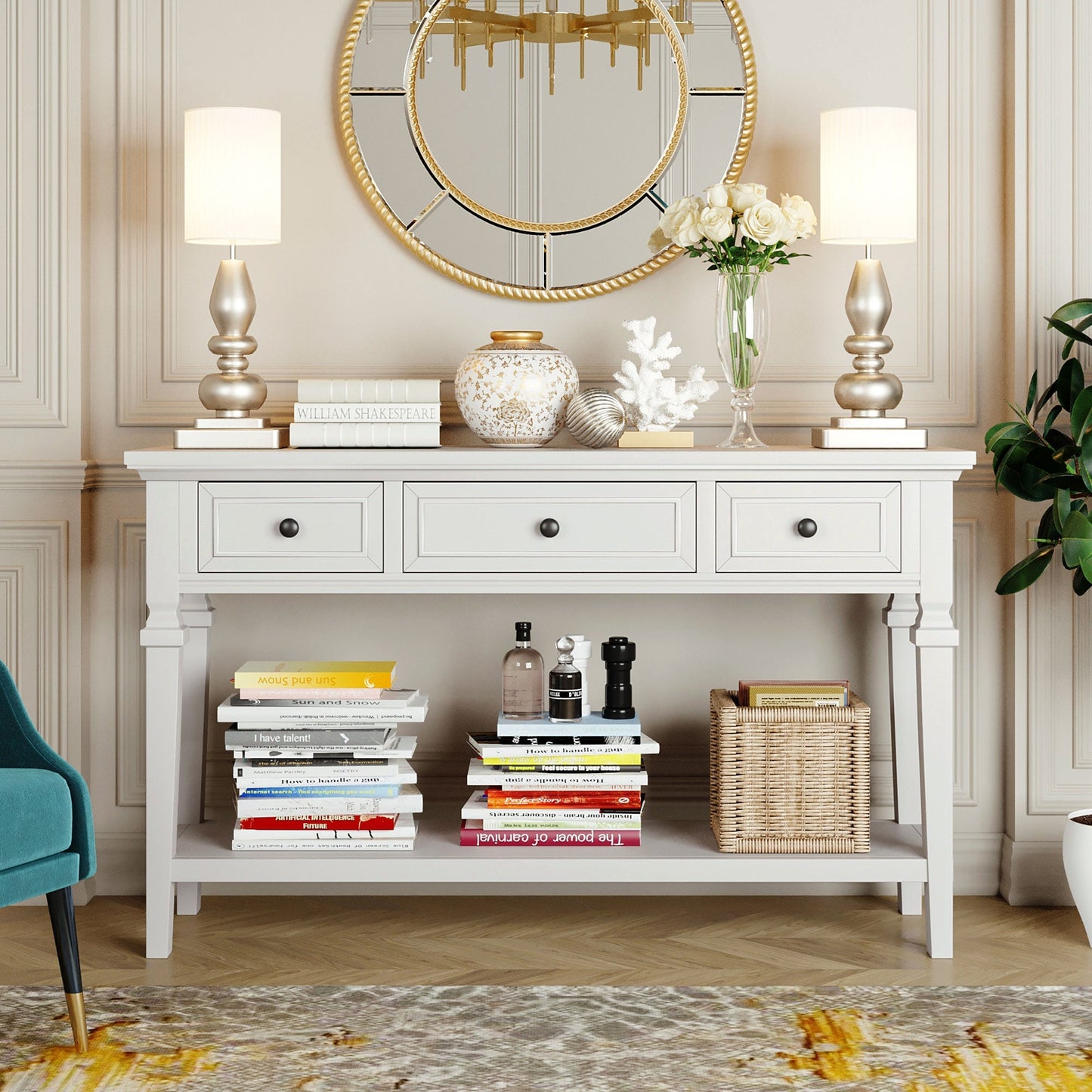Reese 50'' Antique White Console Table with 2 Tiers of Storage, 3 Drawers and Open Style Bottom Shelf