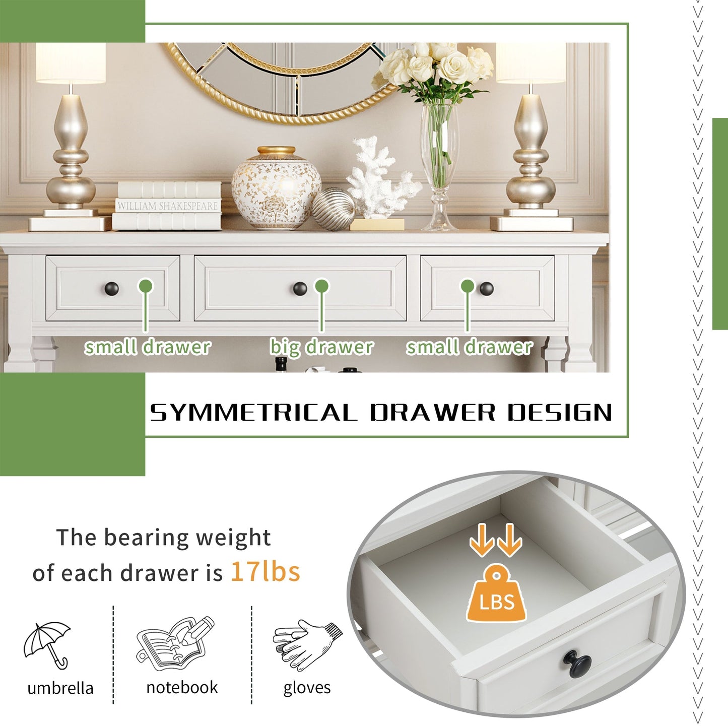 Reese 50'' Antique White Console Table with 2 Tiers of Storage, 3 Drawers and Open Style Bottom Shelf