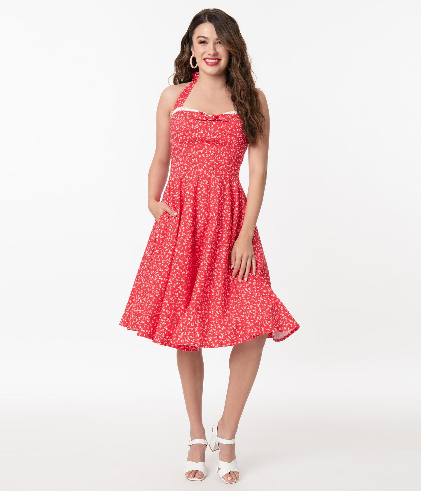 Retro Red & White Floral Halter Kimberly Swing Dress