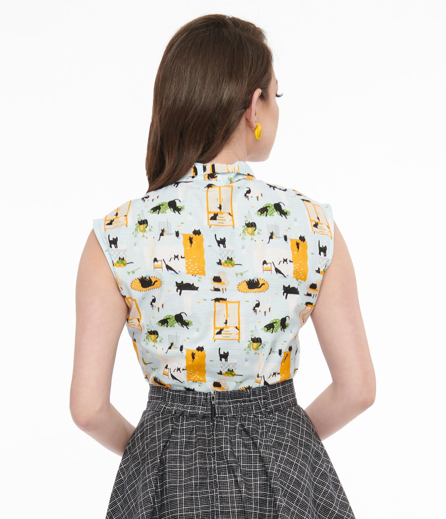 Retrolicious 1950s Light Blue Cat Print Cotton Bow Top