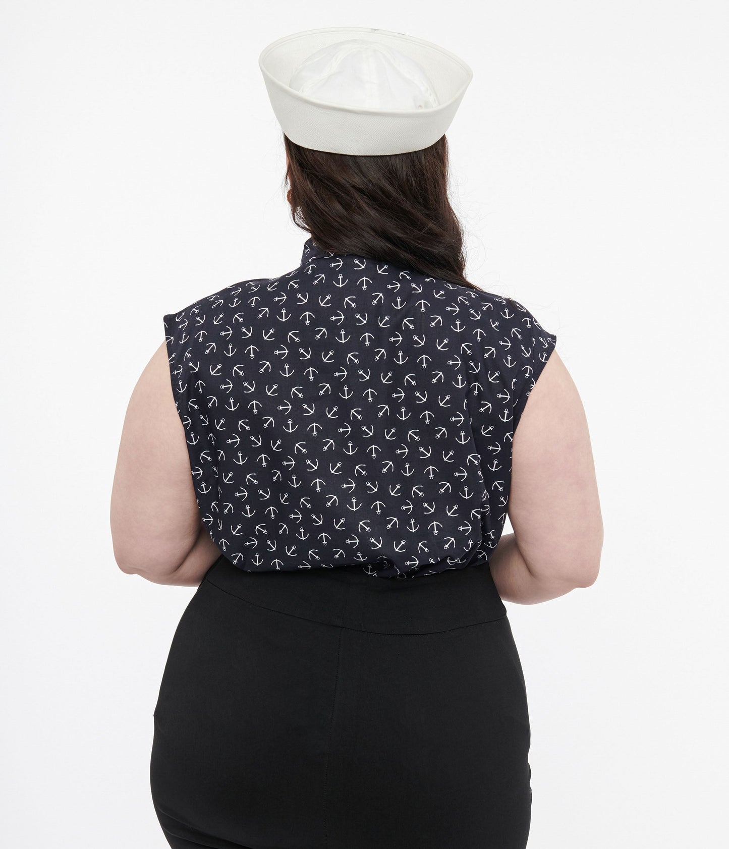 Retrolicious Plus Size 1950s Navy Anchor Print Cotton Bow Blouse
