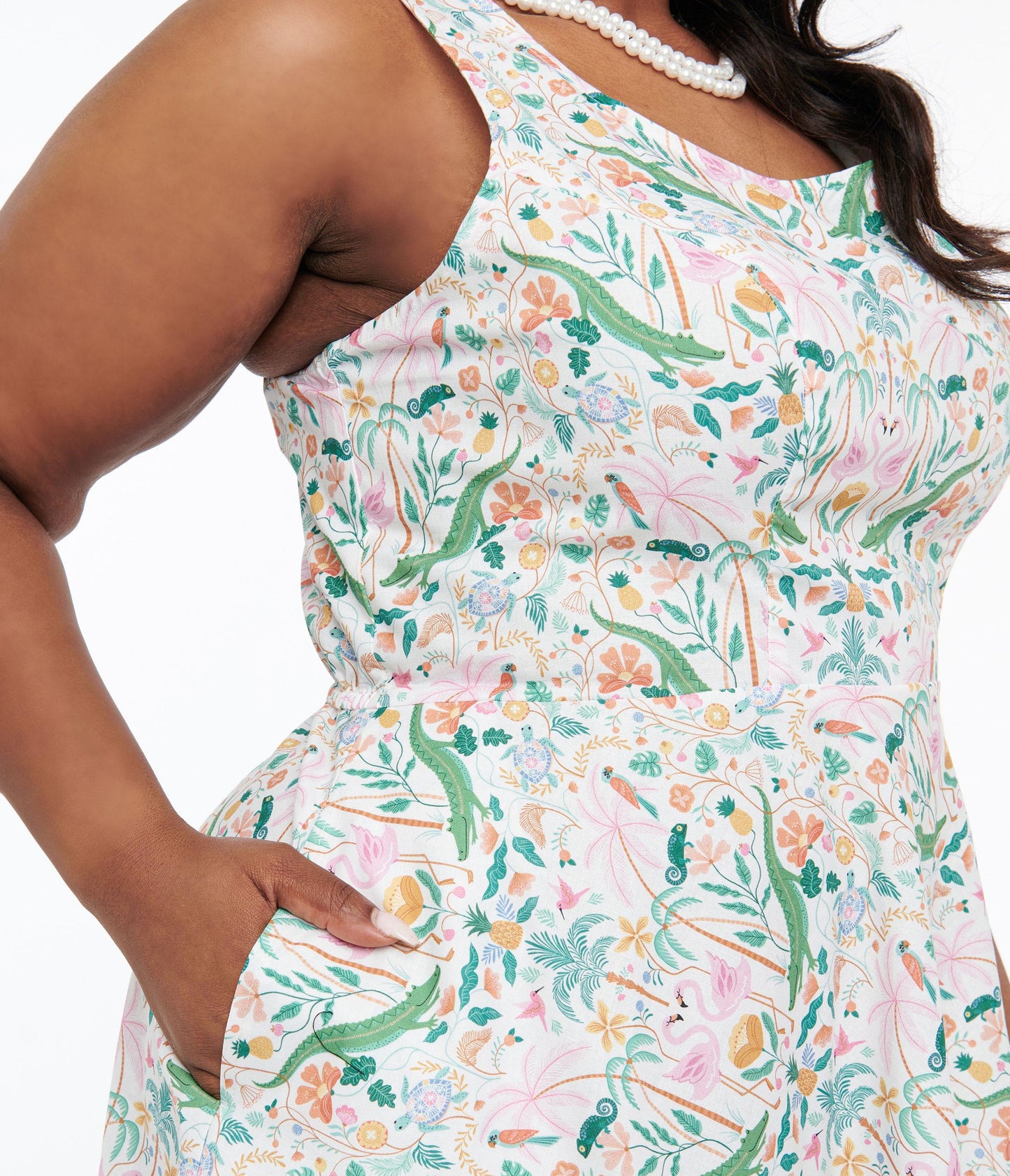 Retrolicious Plus Size 1950s White & Tropical Print Cotton Skater Dress