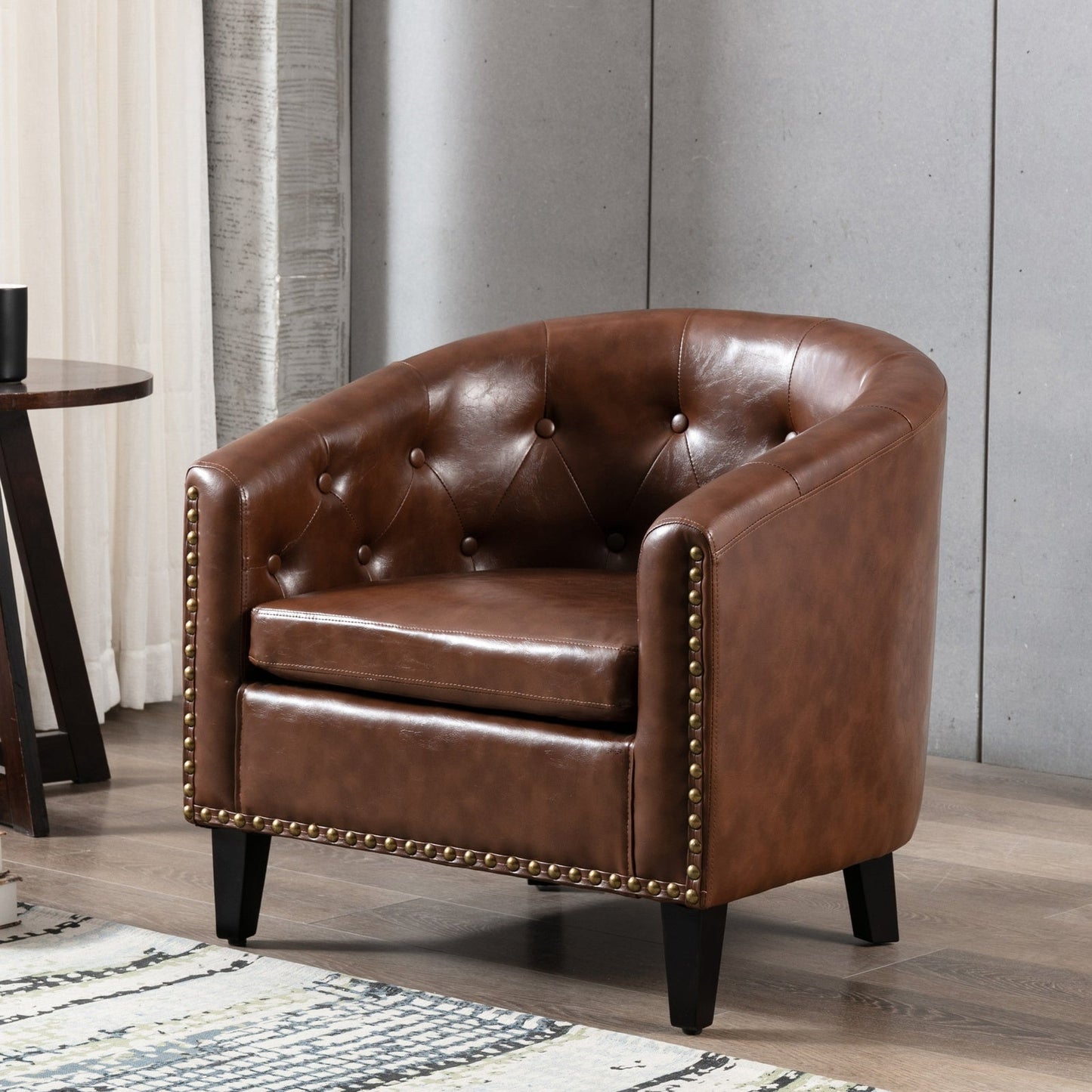 Rowan Dark Brown Faux Leather Tufted Barrel Club Chair