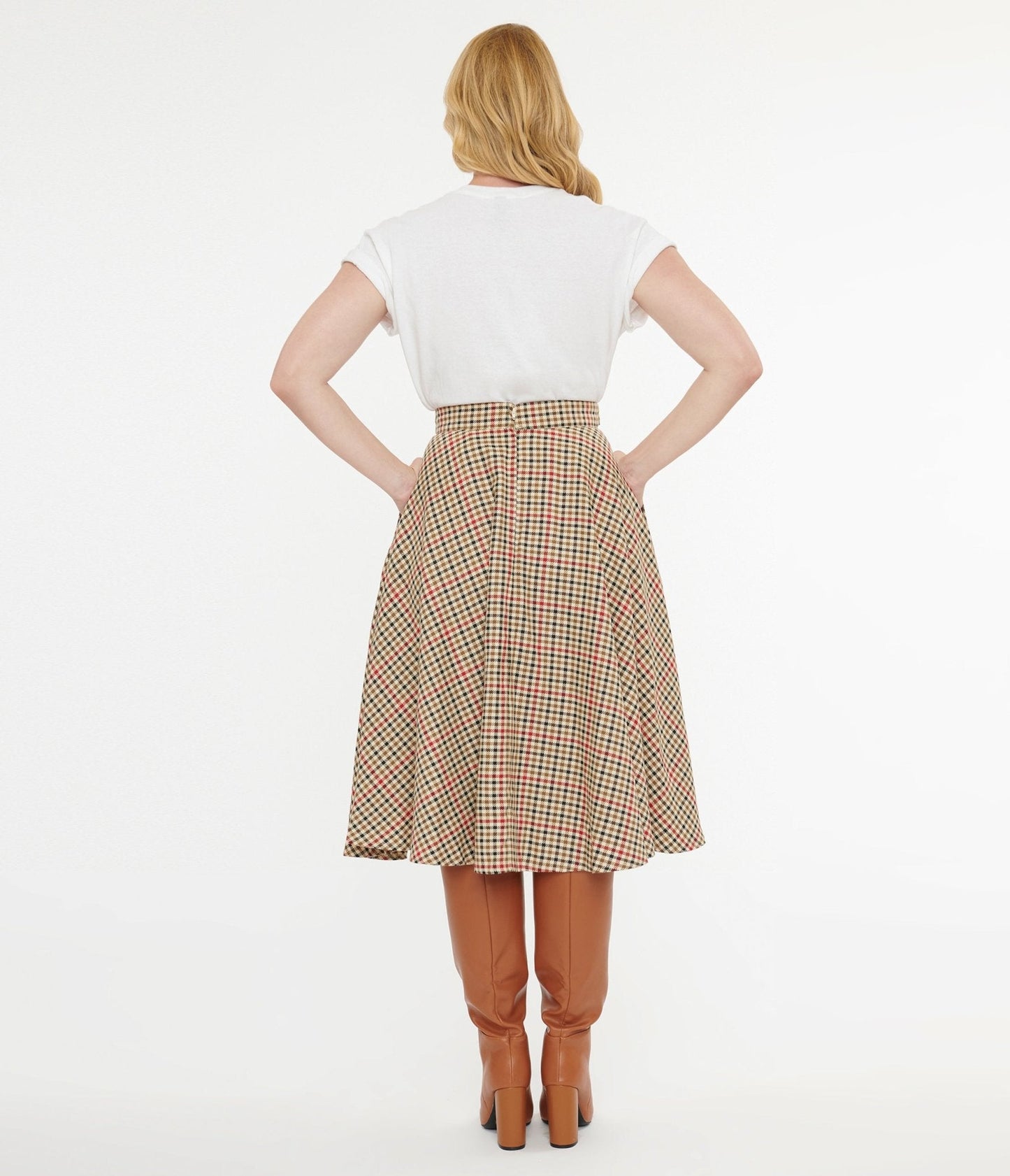 Royal Monk 1950s Beige & Black Check Hilda Swing Skirt