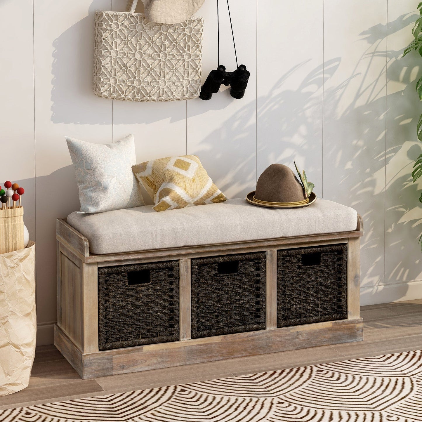 Rustic Storage Bench with 3 Rattan Baskets and Removable Cushion