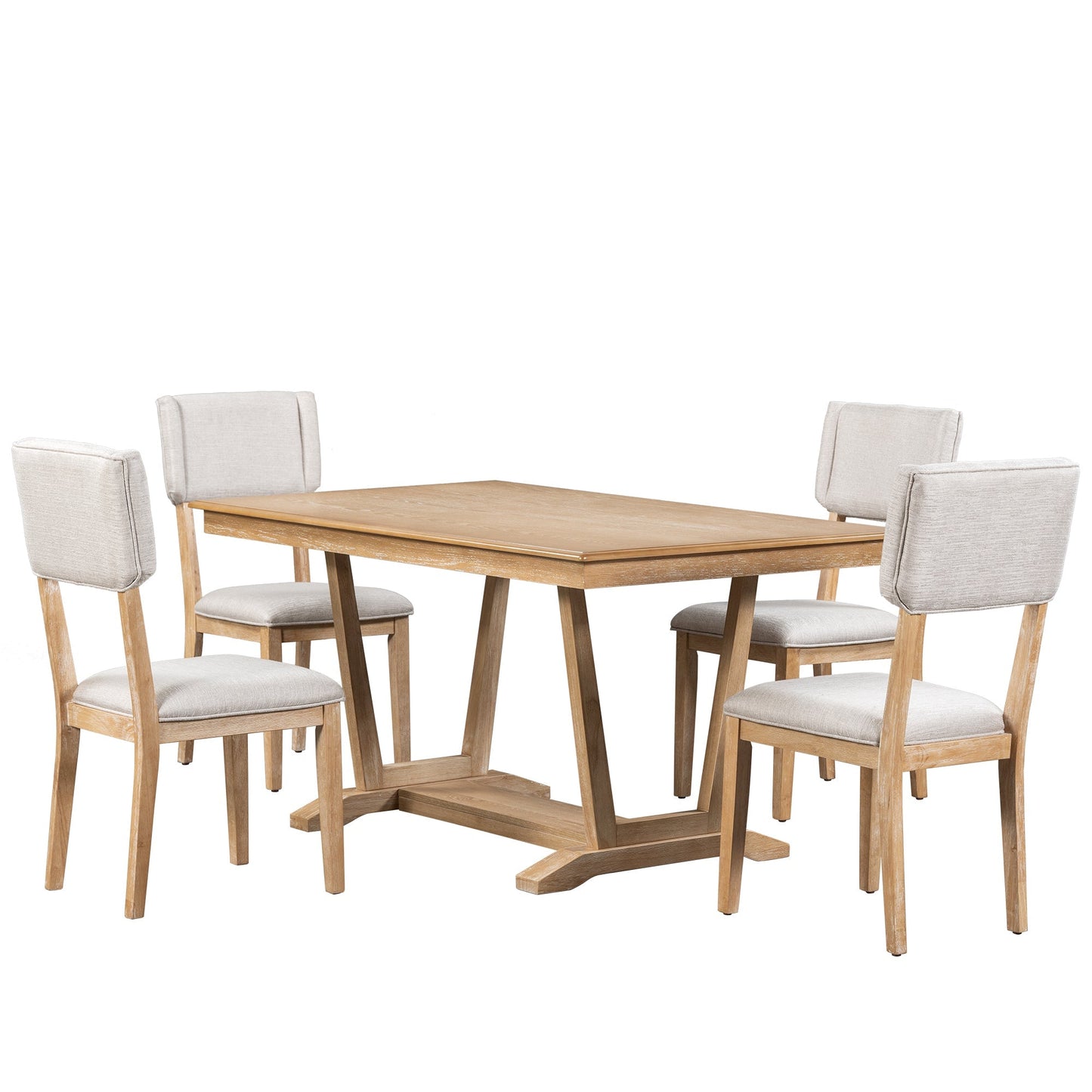 Rustic Trestle 5-piece Dining Table Set with 4 Upholstered Chairs, 59" Rectangular Dining Table
