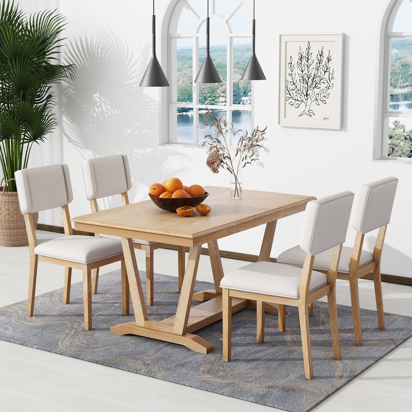 Rustic Trestle 5-piece Dining Table Set with 4 Upholstered Chairs, 59" Rectangular Dining Table
