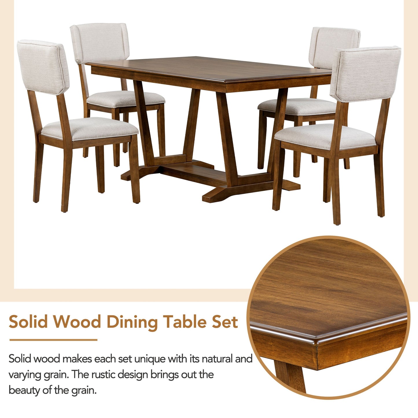 Rustic Trestle 5-piece Dining Table Set with 4 Upholstered Chairs, 59" Rectangular Dining Table