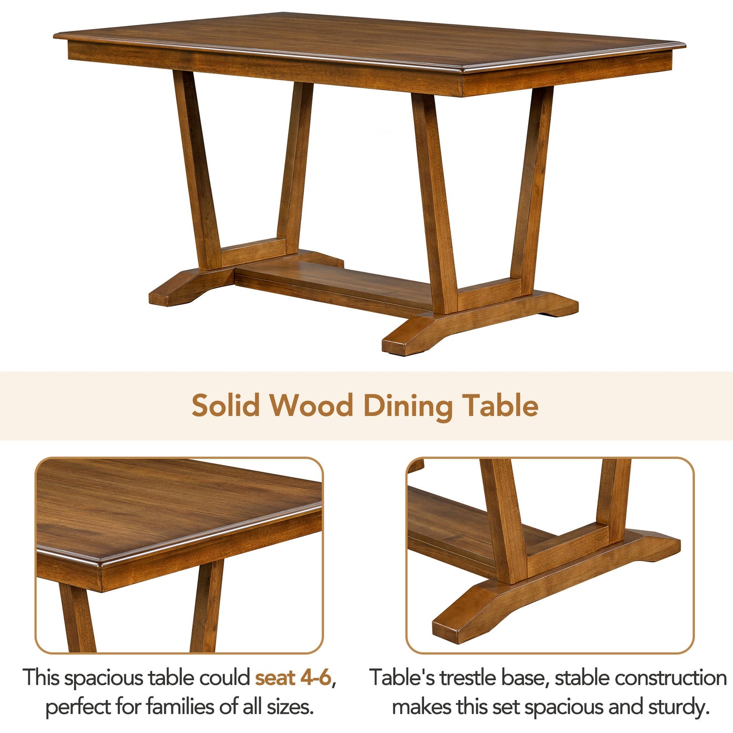 Rustic Trestle 5-piece Dining Table Set with 4 Upholstered Chairs, 59" Rectangular Dining Table